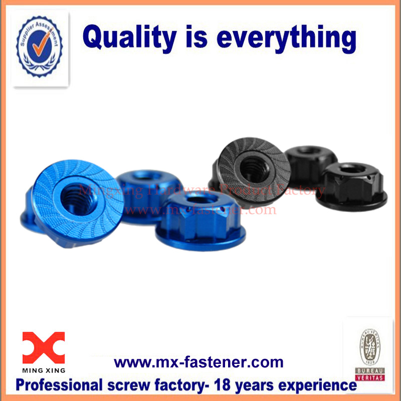 Black and blue painted flange nut